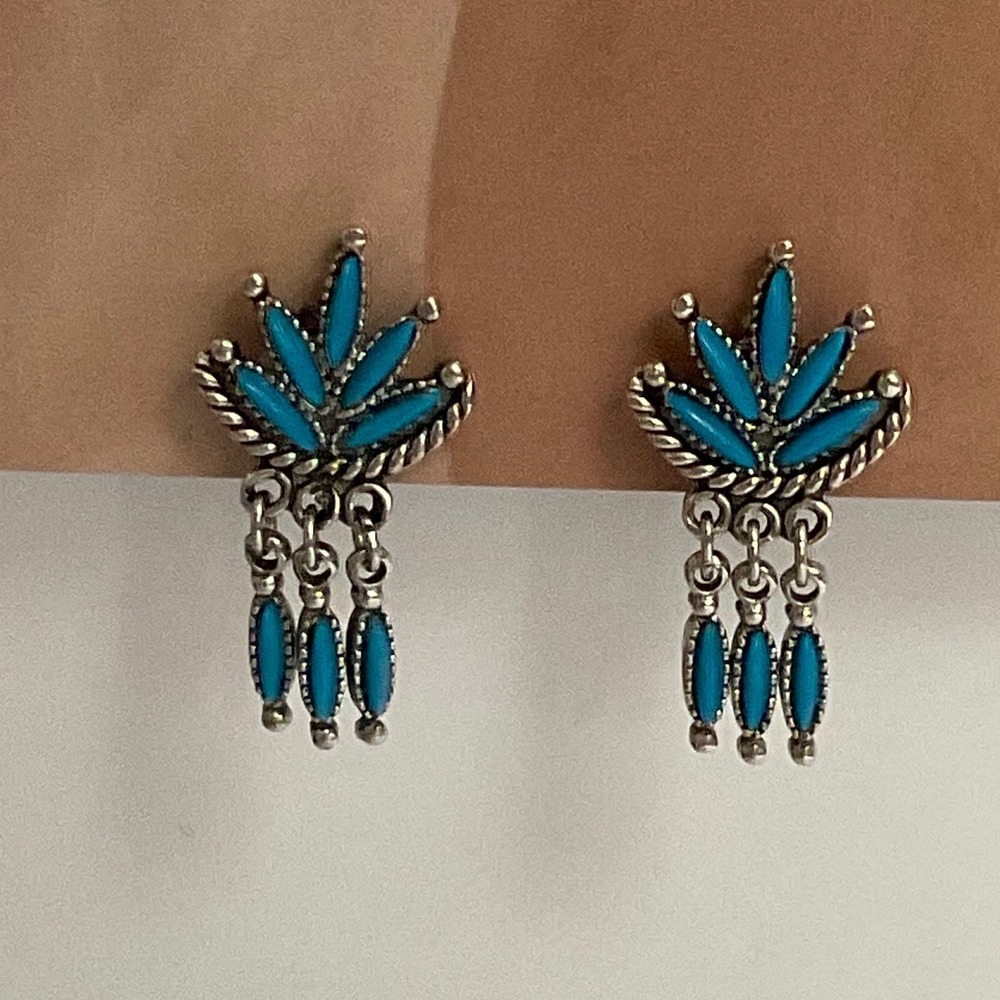 Goldette Turquoise Dangle Clip On Earrings Blue Silver Tone Vintage